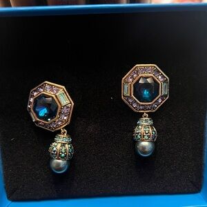 Heidi Daus "Lavish Layers crystal drop octagonal blue stone pierced earrings NIB